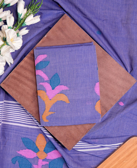 Dark Lavender Multicolour Handwoven Jamdani Suit Set