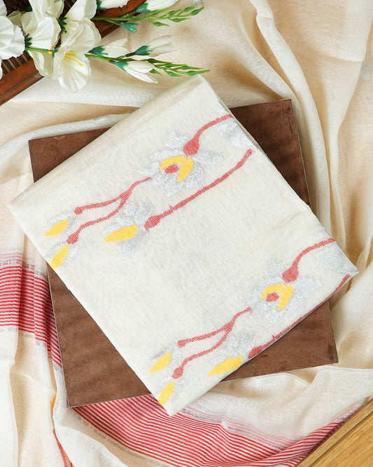 White & Red Handwoven Jamdani Suit Set