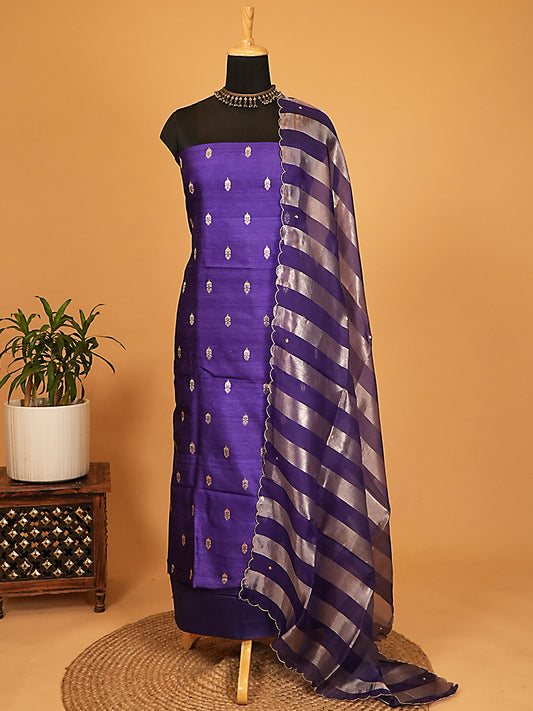 Royal Violet Pure Raw Silk Banarasi Booti Suit Set