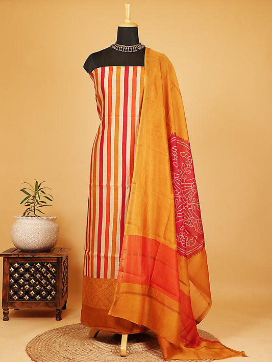 Orange & Red Striped Maheshwari Silk Bandhej Suit Set
