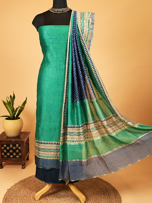 Turquoise Maheshwari Silk Suit Set With Kantha Detailing