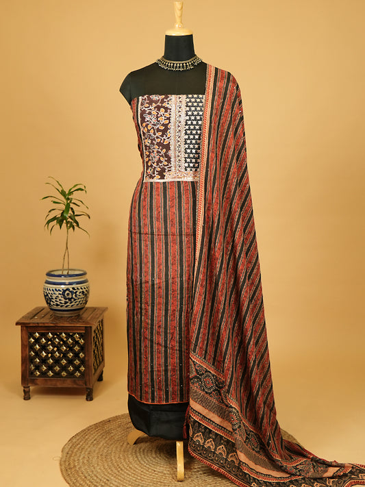 Red and Black Striped Pure Chinnon Suit Set