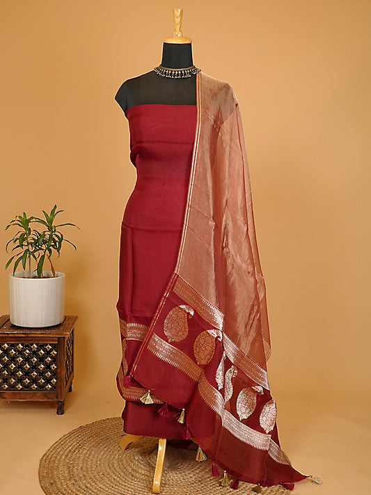 Deep Maroon Pure Kora Silk Banarasi Suit Set