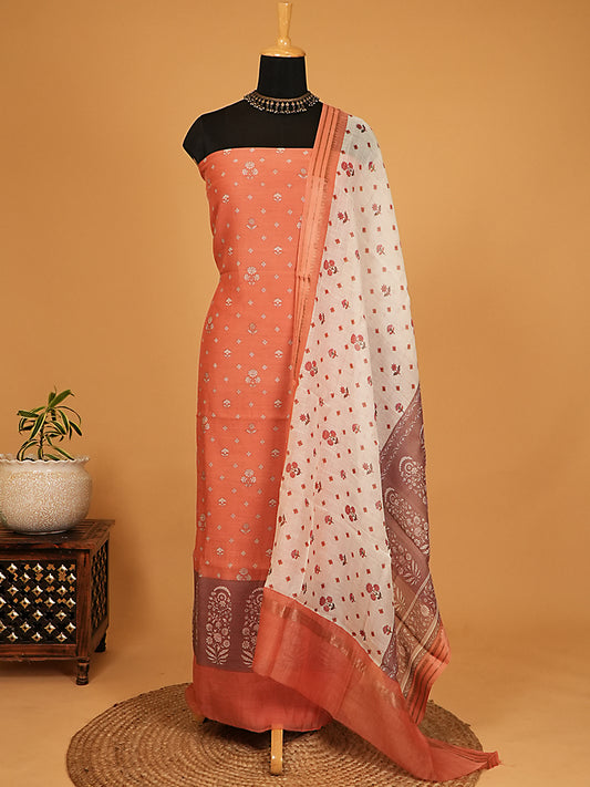 Soft Peach & Mauve Printed Mul Chanderi Suit Set