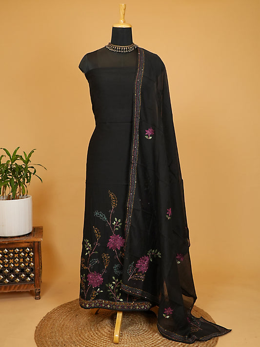 Black Floral Embroidered Mul Chanderi Suit Set