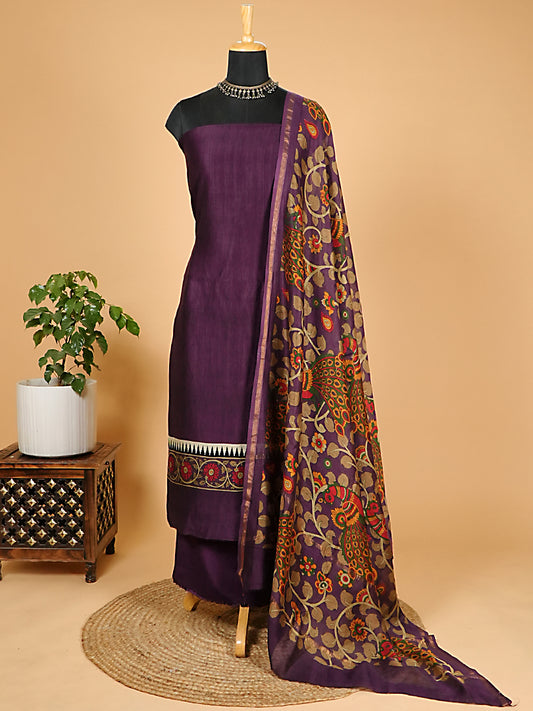 Royal Purple Maheshwari Silk Suit Set with Artistic Print