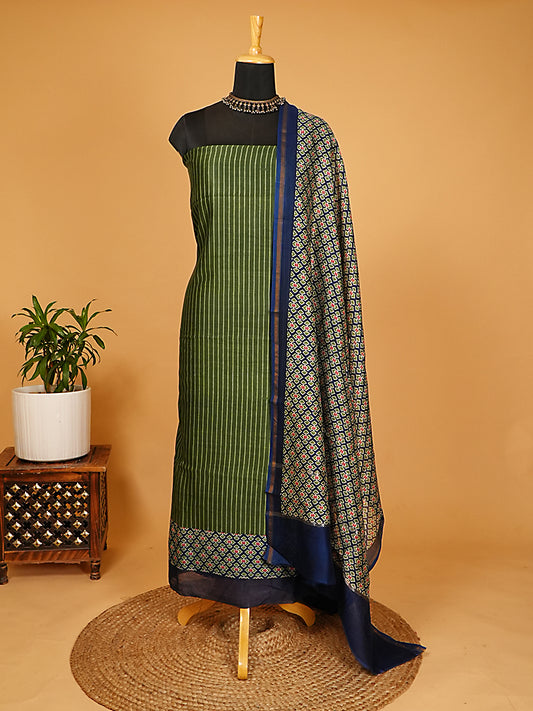 Olive Green Maheshwari Silk Striped & Patola Print Suit Set
