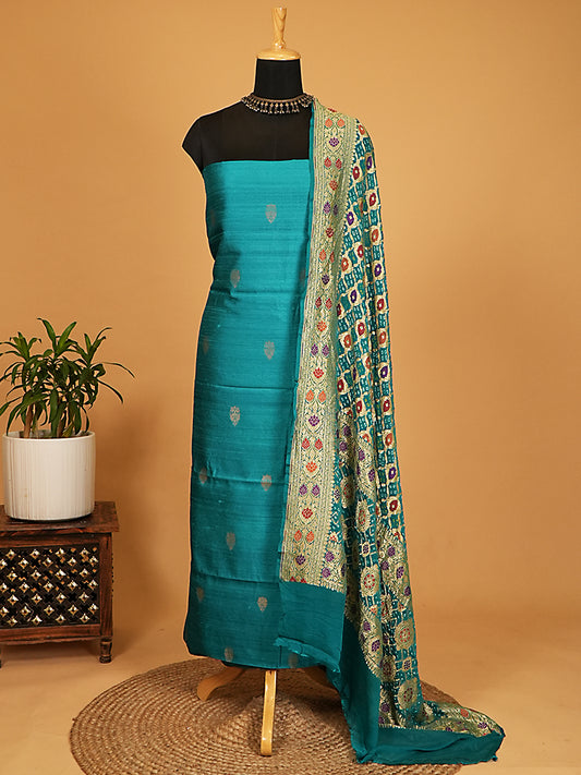 Peacock Blue Pure Raw Silk Banarasi Suit Set