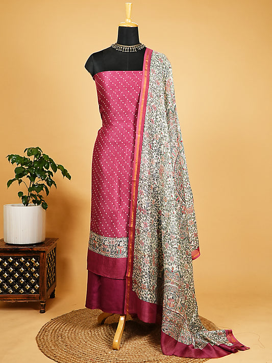 Magenta Maheshwari Silk Suit Set with Bandhani Print