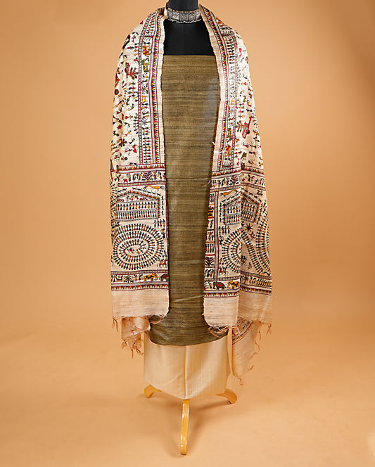 Olive Green Pure Tussar-Ghicha Suit Set