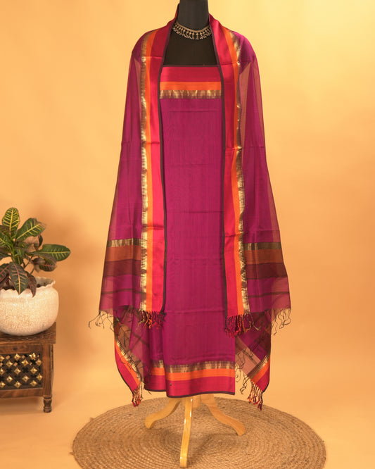 Magenta Maheshwari Silk Multi-Coloured Border Suit Set