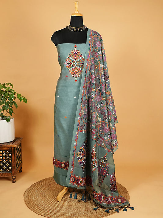 Teal Green Chanderi Silk Suit Set with Multicolour Jamdani Weaving