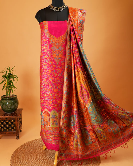Red Multicolour Mulberry Silk Suit Set With Jamawar Handweaving