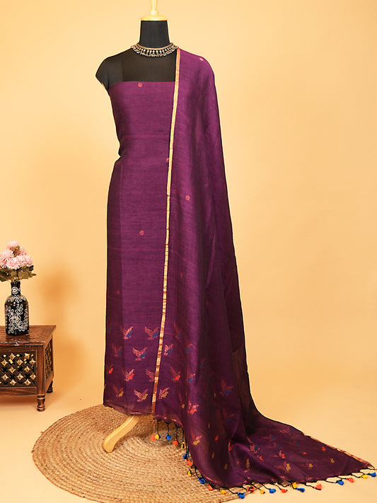 Purple Jayshree Linen Jamdani Suit with Multicolour Bird Motifs