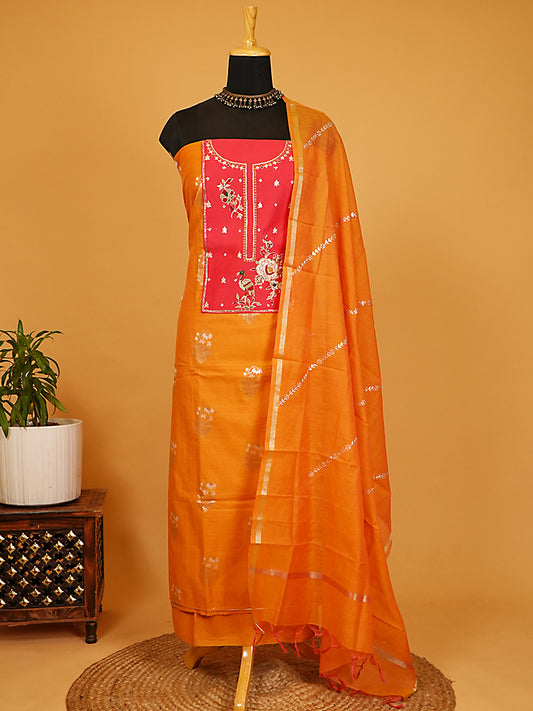 Warm Mango Yellow & Crimson Chanderi Silk Hand Embroidered Suit Set