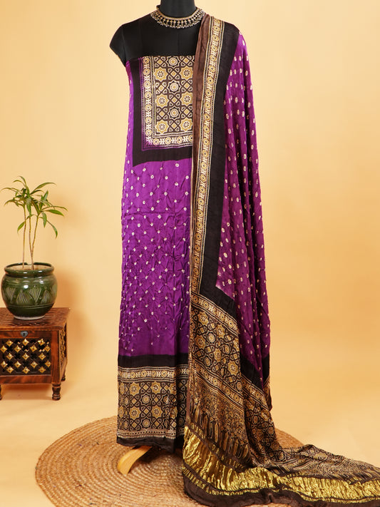 Purple Bandhej Ajrakh Dyed Modal Silk Suit Set