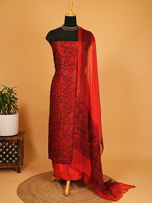 Crimson Red Paisley Printed Dupion Silk Suit Set