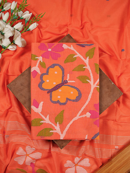 Peach Handloom Cotton Jamdani Weaving 2 Pc Suit Set