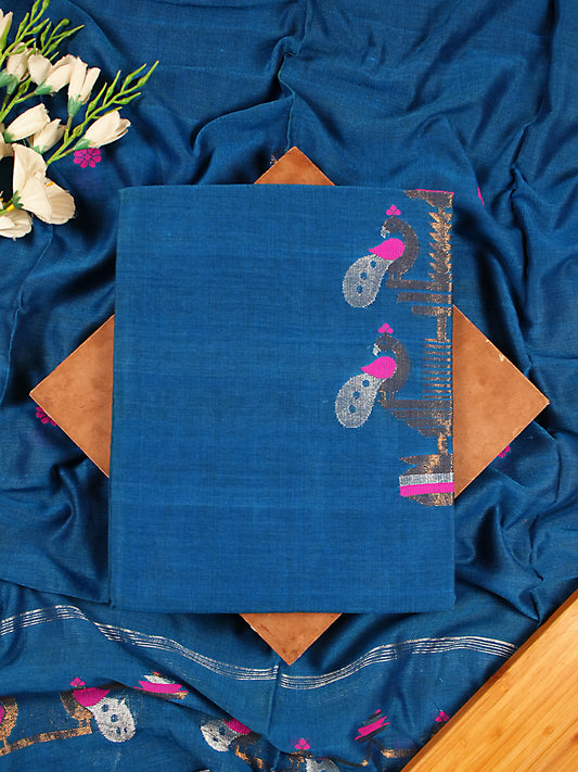 Blue Handloom Cotton Needle Jamdani Weaving 2Pc Suit Set