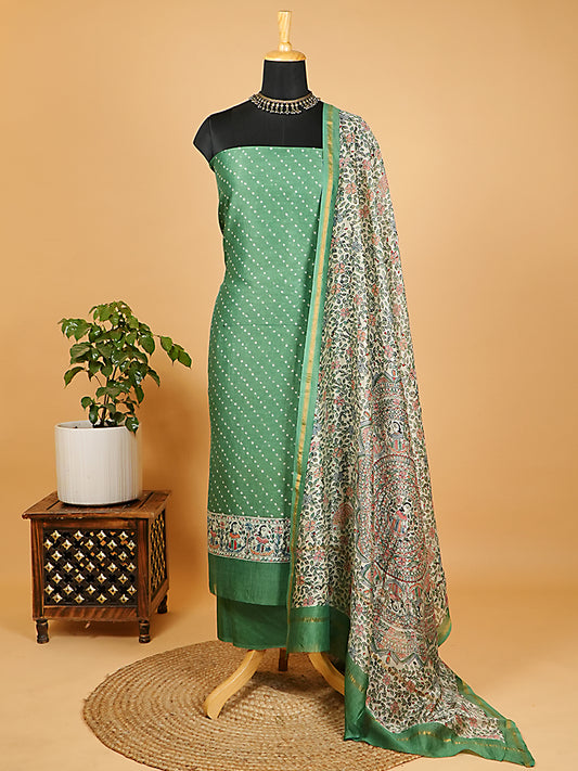 Mint Green Maheshwari Silk Suit Set with Bandhani Print
