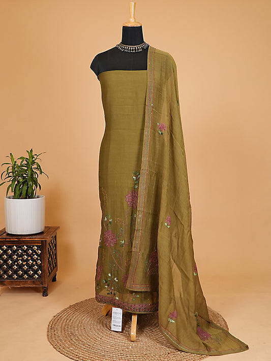 Olive Green Floral Embroidered Mul Chanderi Suit Set