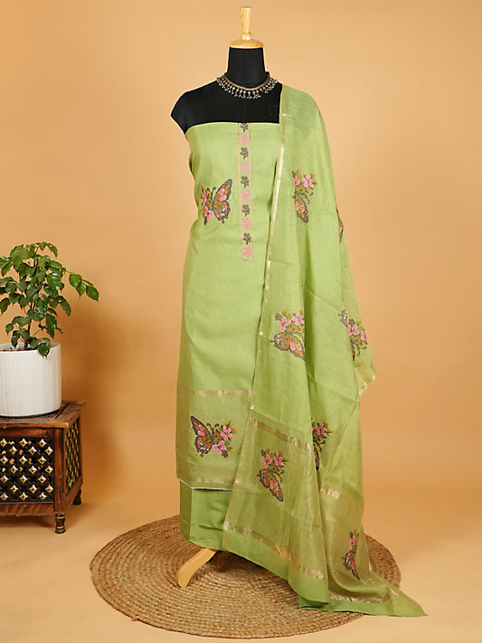 Lime Green Mul Chanderi Suit Set with Butterfly Embroidery