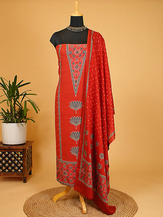 Red Soft Cotton Silk Lotus Print Suit Set