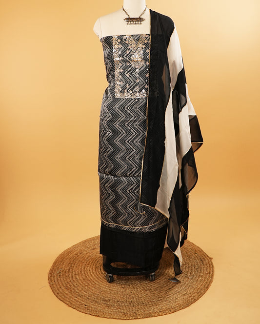 Printed & Embellished Black Modal Silk Suit Set