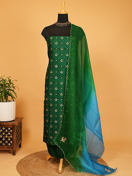 Bottle Green Zari Embroidered Mul Chanderi Suit Set with Ombre Dupatta