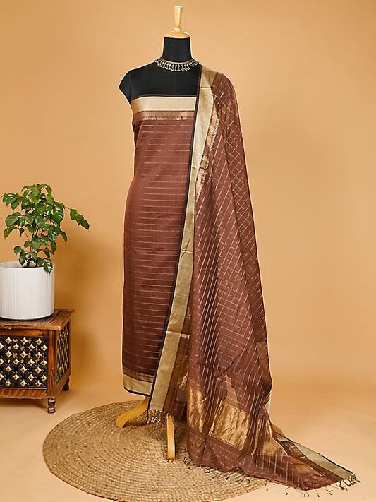 Brown Handloom Maheshwari Silk 2-Piece Suit Set