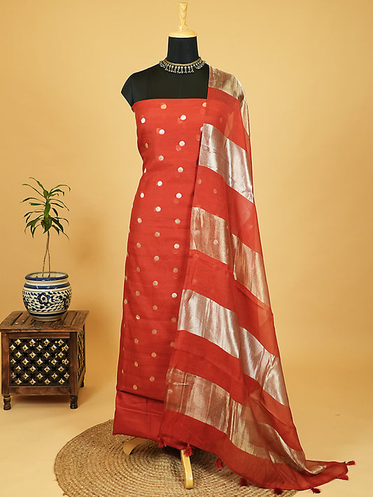 Red Pure Mul Chanderi Suit with Polka-Style Banarasi Weaving