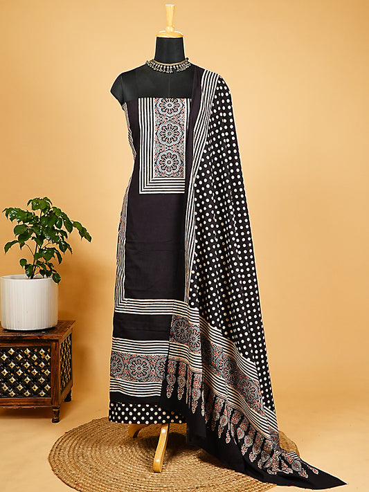 Monochrome Polka & Stripe Handloom Cotton Ajrakh Suit Set