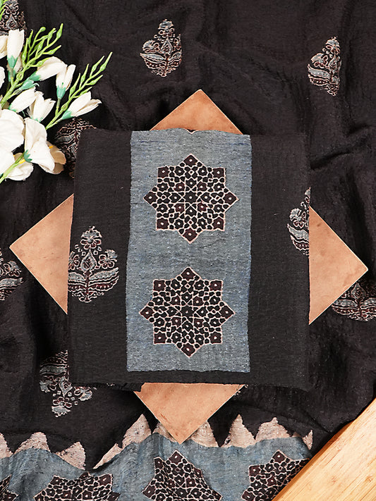 Classic Black Organic Ajrakh Crushed Linen Silk 2-Pc Suit Set