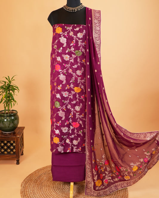 Wine Multicolour Georgette Khaddi Silk Suit Set
