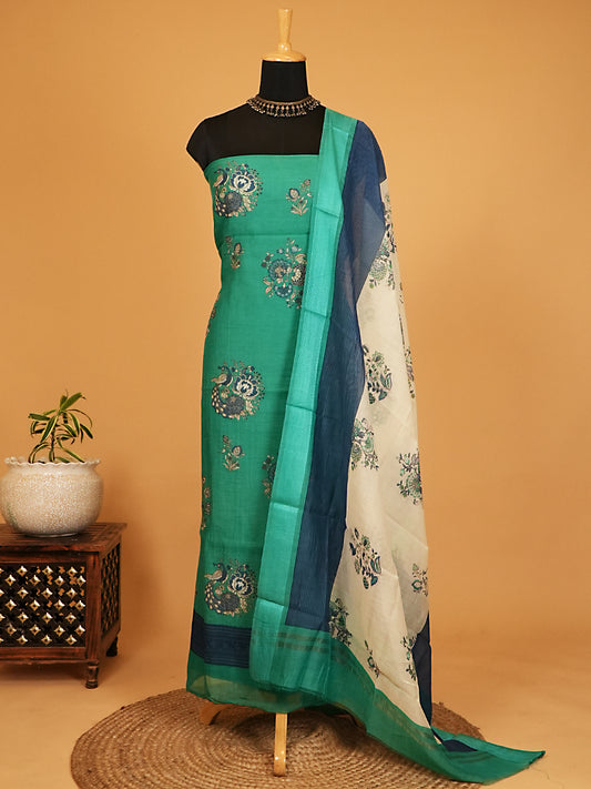 Emerald Green & Navy Printed Mul Chanderi Suit Set