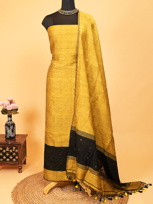 Mustard Yellow Jayshree Linen Jamdani Suit with Black Contrast Border