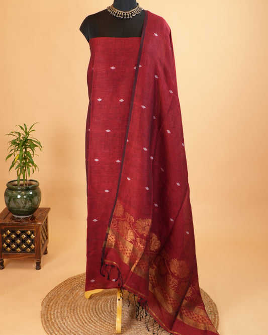 Jamdani Maroon Khadi Linen Banarasi Handwoven Suit Set