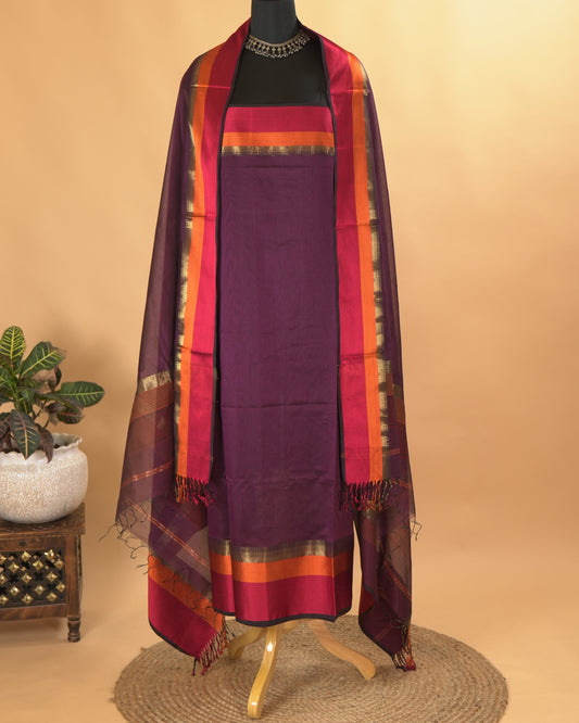 Purple Maheshwari Silk Multi-Coloured Border Suit Set