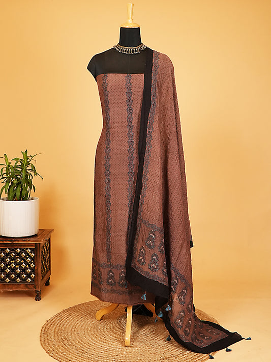 Earthy Mocha Floral Vine Organic Ajrakh Crushed Linen Silk 2-Pc Suit Set