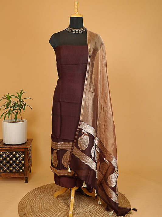 Deep Chocolate Brown Pure Kora Silk Banarasi Suit Set