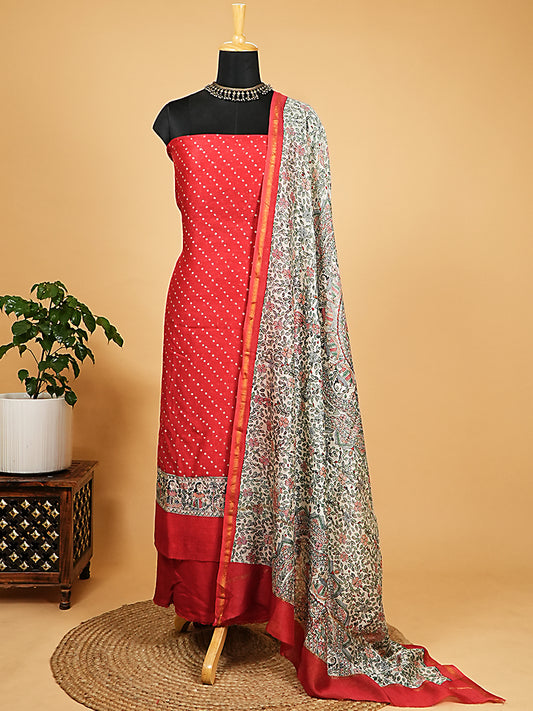 Red Maheshwari Silk Suit Set with Bandhani Print