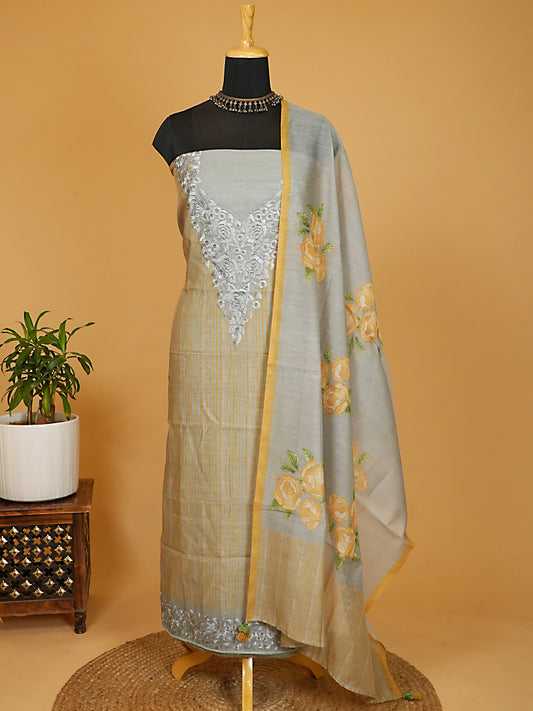 Grey & Mustard Yellow Striped Chanderi Silk Embroidered Suit Set
