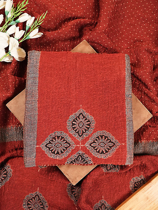 Rich Maroon Organic Ajrakh Crushed Linen Silk 2-Pc Suit Set