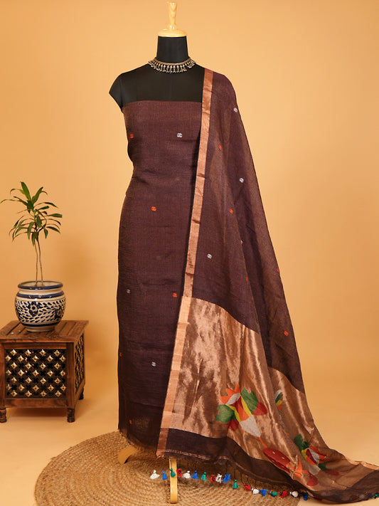 Brown Linen Tissue Jamdani Weaving Suit Set