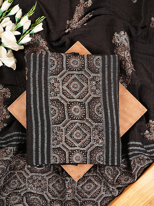 Black Geometric Organic Ajrakh Crushed Linen Silk 2-Pc Suit Set