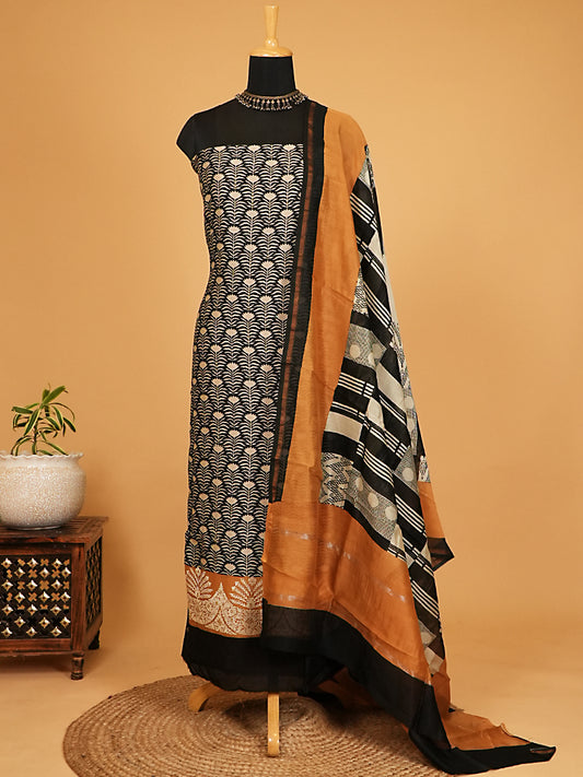 Warm Mustard Printed Maheshwari Silk Suit Set