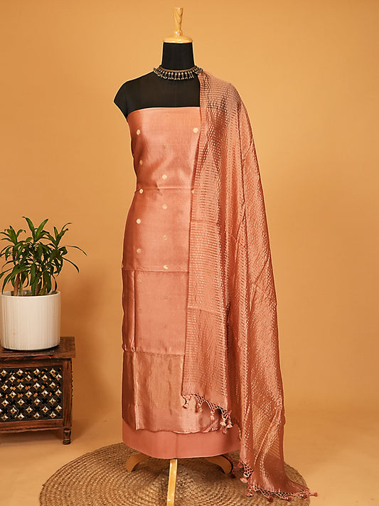 Dusty Rose Handloom Katan Silk Banarasi Booti Suit Set
