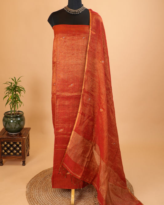 Jamdani Dark Orange Linen Tissue Suit Set