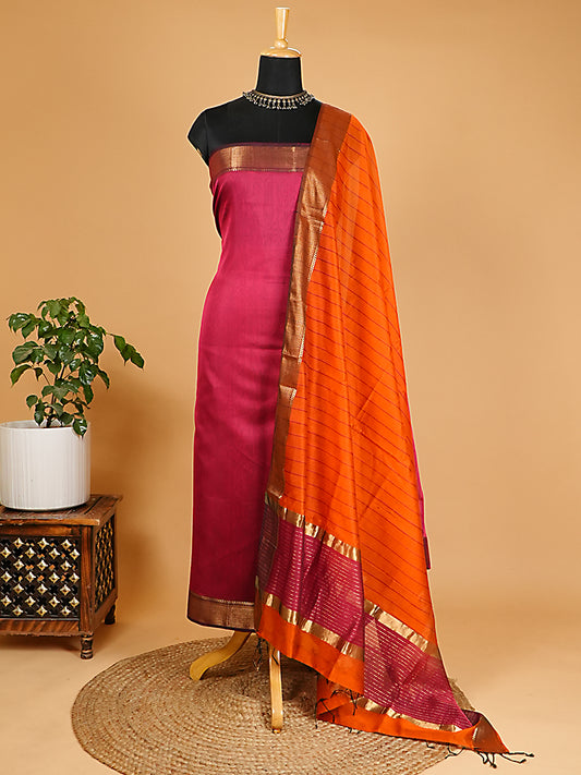 Magenta and Orange Handloom Maheshwari Silk 2-Piece Suit Set