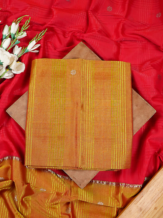 Golden Mustard & Red Dual-Tone Pattu Silk Handloom 2 Pc Suit Set